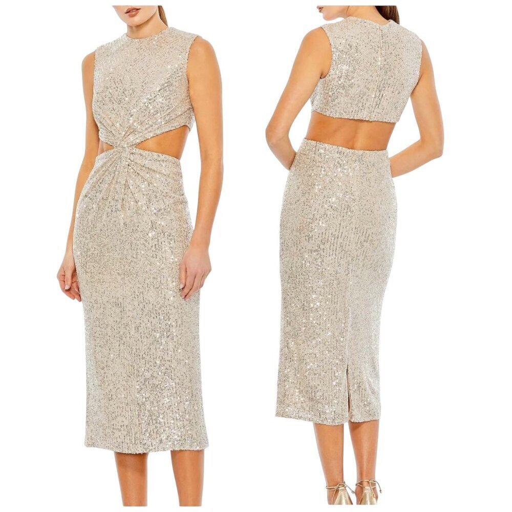 Ieena for Mac Duggal Sequin Cutout Midi Dress Nude Silver Size 0